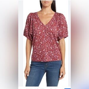 Madewell V-Neck Puff Sleeve Top Batik Vine Weathered Brick Size S Cotton Praire